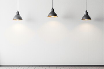 Poster - Modern empty interior with three hanging lamps illuminating a clean white wall.