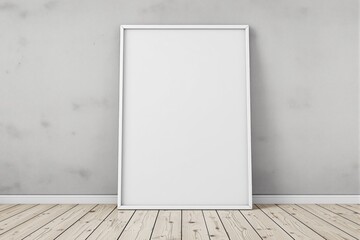 Aufkleber - Blank white frame leaning against a textured wall on a wooden floor.