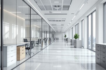 Poster - Modern office interior with glass partitions and minimalist furniture.