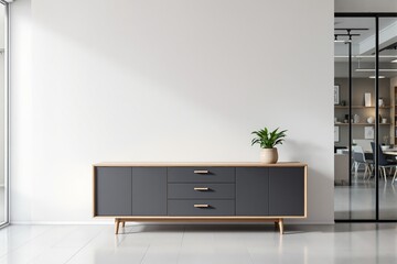 Aufkleber - Modern interior with wooden sideboard against white wall.
