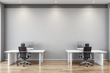 Poster - Modern minimalist office interior with two white desks and ergonomic chairs.