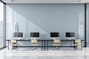 Poster - Modern office interior with minimalist design and large windows.