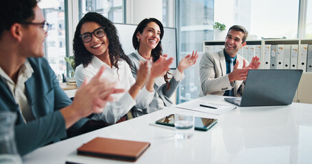 Aufkleber - Meeting, applause and group with laptop, business and smile for celebration of financial performance. Achievement, clapping and people with tech for investment, accountant and success in boardroom