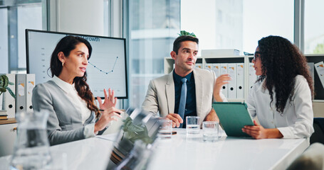 Poster - Meeting, group and discussion with tablet, business or collaboration for financial performance or online. Planning, teamwork and people with tech for investment, accountant or colleagues in boardroom