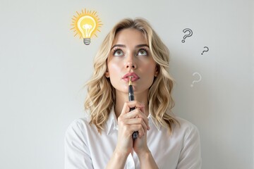 Poster - Thoughtful woman holding pen, looking up with creative idea concept.