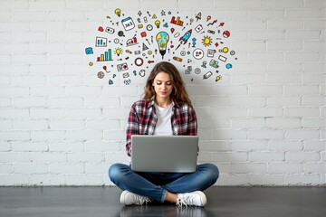 Poster - Creative young woman using laptop with colorful doodles symbolizing ideas and innovation on white brick wall background.