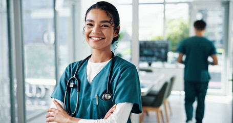 Poster - Nurse, woman or arms crossed with stethoscope at hospital for healthcare service, about us or career confidence. Medicine professional, happy doctor and portrait for health treatment and clinic care