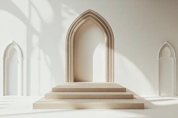 Fototapete - A minimalist architectural display with arched doorway and steps