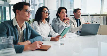 Poster - Meeting, listen or business people with manager in interview for planning or capital growth. Shareholders, contract negotiation or financial advisors in company with executive directors in office