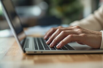 Poster - Close-up of hands typing on laptop keyboard in natural lighting.
