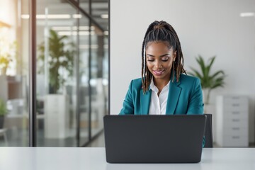 Poster - Professional woman working on laptop in modern office.