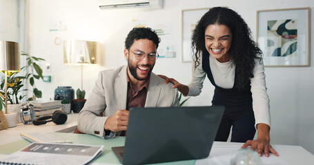 Poster - Happy, business people and good news with laptop for winning, teamwork or success at office. Businessman, woman or creative employees with smile on computer for project deadline or done at workplace