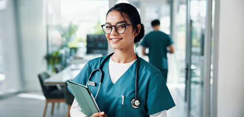Poster - Nurse, woman and smile with tablet in hospital for medical service, telehealth and online healthcare report. Medicine, doctor and portrait with digital app for clinic schedule and health information