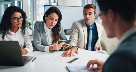 Poster - Finance, documents or business people with shareholders in discussion for planning, charts or capital growth. Tablet, budget graphs or financial advisors in meeting with executive directors or paper