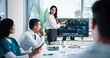 © CC/peopleimages.com - Woman, doctor or presentation with x ray on screen for meeting or planning surgery in boardroom. Female person, speaker or medical team with CT scan or display for exam, diagnosis or health results