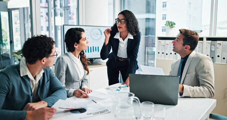 Poster - Office, business people and project manager with documents for feedback, meeting and finance update. Team, accountants and financial advisor with paperwork for risk management, discussion and explain