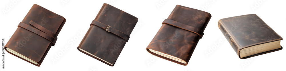 A collection of handcrafted leather bound notebooks and journals in a classic rustic style