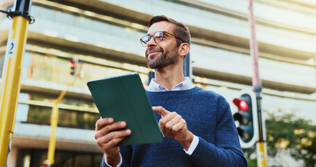Aufkleber - Happy man, creative and browsing with tablet in city for industrial improvement, design or traffic control. Male person, civil engineer or pavement designer with smile on technology for road safety