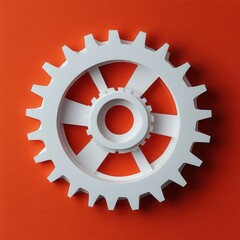 Wall Mural - White Gear Wheel on Solid Orange Background for Industrial Design