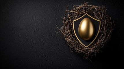 Poster - A golden egg resting in a secure nest, covered by a digital shield, symbolizing financial stability.