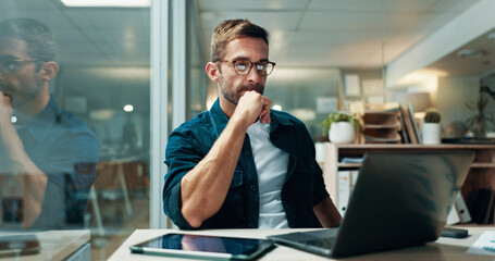 Aufkleber - Businessman, reading and office with laptop, report and confidence for bookkeeping as accountant. Male person, night and strategy in finance agency, banking or investment opportunity for payroll job