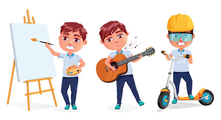 Poster - Student activities vector character set. Boy characters with painting, guitar and scooter in friendly expression for kids school activity design. Vector illustration.
