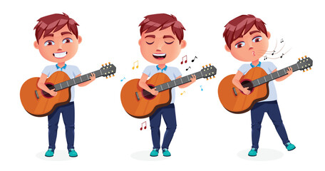 Poster - Student singing vector character set. Boy characters holding and playing guitar isolated in white background for musical school activity collection design. Vector illustration.
