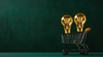 Poster - Golden lightbulbs in a supermarket trolley, representing business insights and creativity.