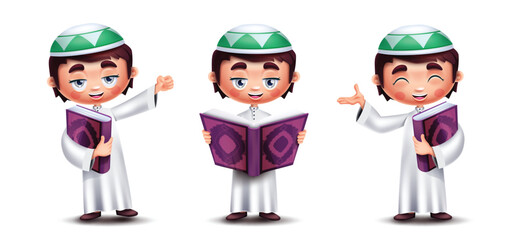Poster - Arab kids characters vector set design. Saudi boy character reading and holding quran book wearing traditional clothing collection in white background. Vector Illustration.
