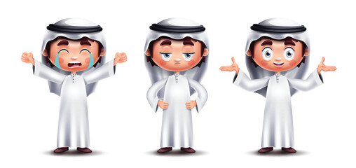 Poster - Arab saudi boy characters vector set design. Saudi little cute kids collection wearing thobe and ghutra clothing in white background. Vector illustration. 
