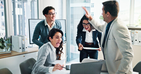 Poster - Meeting, excited and group with laptop, business or celebration for financial performance or online. Wow, teamwork and people with tech for investment, accountant or success for colleagues in office