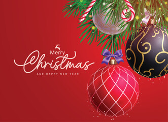 Poster - Merry christmas greetings vector design. Christmas greeting text with hanging colorful xmas balls pattern, fir tree leaves, candy cane elements in elegant red background. Vector illustration season ca