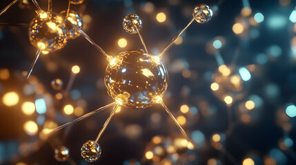 Poster - Gleaming atom structure revealing molecular bonds and connections with dark background bokeh