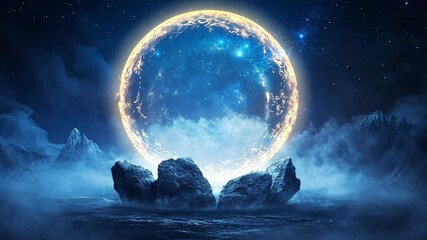 Wall Mural - ethereal landscape with glowing moon and rocky foreground