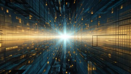 Fototapete - Digital Zenith: A dynamic digital abstract design of light and data streams converging into a vibrant point of illumination, symbolizing the boundless expanse of technology and interconnectedness.