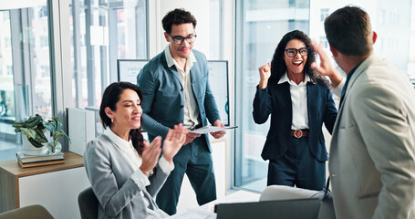 Poster - Meeting, group and applause in business, celebration and collaboration for financial performance or laptop. Achievement, happy and people with tech for investment, accountant and success in boardroom