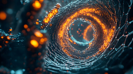 Poster - Innovative nanostructure with glowing particles creating intricate interwoven strands formation