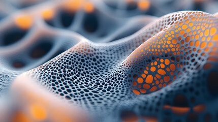 Poster - Delicate nano lattice structure with radiant orange accents creating an intricate surface