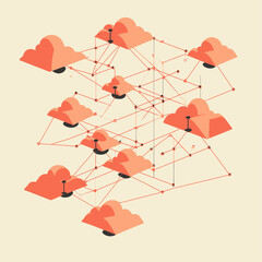 Poster - Abstract cloud computing network diagram with connecting red lines