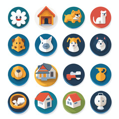 Poster - Cute Cartoon Animal and House Icons on Colorful Circular Backgrounds
