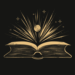 Poster - Open book with light rays and cosmic elements on a dark background