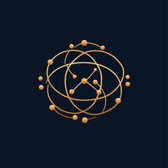 Poster - Golden atom structure on navy background symbolizing interconnected network