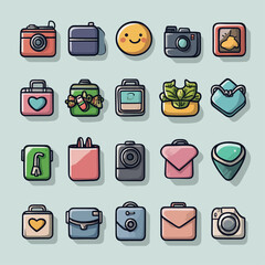 Poster - Cartoon Icons Set: Cameras, Bags, Emoji, Plant, Travel, Fashion, Tech
