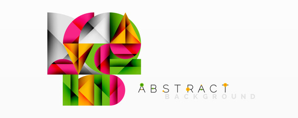 Fototapete - Abstract geometric design with intersecting circles, triangles, squares and sharp angles creating a layered composition with gradients, depth, and contrast