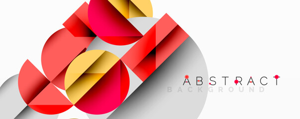 Poster - Abstract geometric design with intersecting circles, triangles, squares and sharp angles creating a layered composition with gradients, depth, and contrast