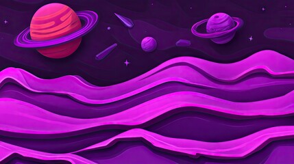 Wall Mural - colorful alien planets over purple space waves