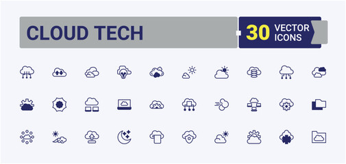 Poster - Cloud Tech icon set in linear style. Contains such icons as networking, server, system, compute, storage, communication and more. Cloud Computing line icon. Minimalist editable vector stroke.