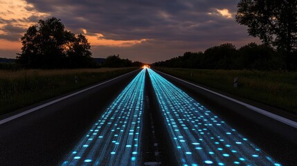 Poster - G-enabled smart road with self-illuminating lane markings, digital traffic management, and real-time vehicle connectivity.
