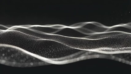 Poster - Wavy white particle field with depth of field and black background abstract visualization effect