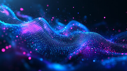 Poster - Holographic particle waves flowing across a gradient tech-inspired blue and purple background, creating a dynamic and futuristic design in shades of violet, close up of digital data flowing on screen.